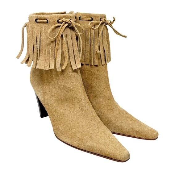 Nine West Fringe Suede Ankle Boots 9M Camel Tan Pointed Western Toe High Heel - Picture 2 of 10